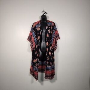 ANGIE Kimono Cardigan Women S Black Floral Boho Lightweight Open Front Duster